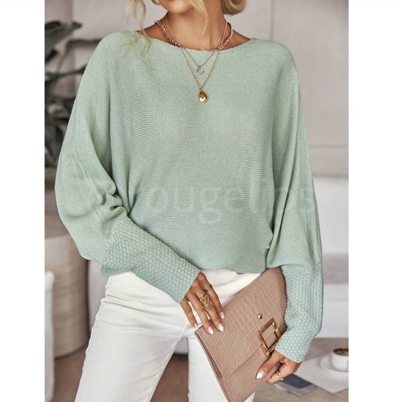 Mint Green Boat Neck Light Knit Sweater Batwing Sleeve Loose Fit, Stretchy - Picture 5 of 8